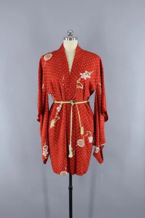 1940s Vintage Silk Haori Kimono Cardigan Jacket / Orange Red & Tiny Dotted Floral Print