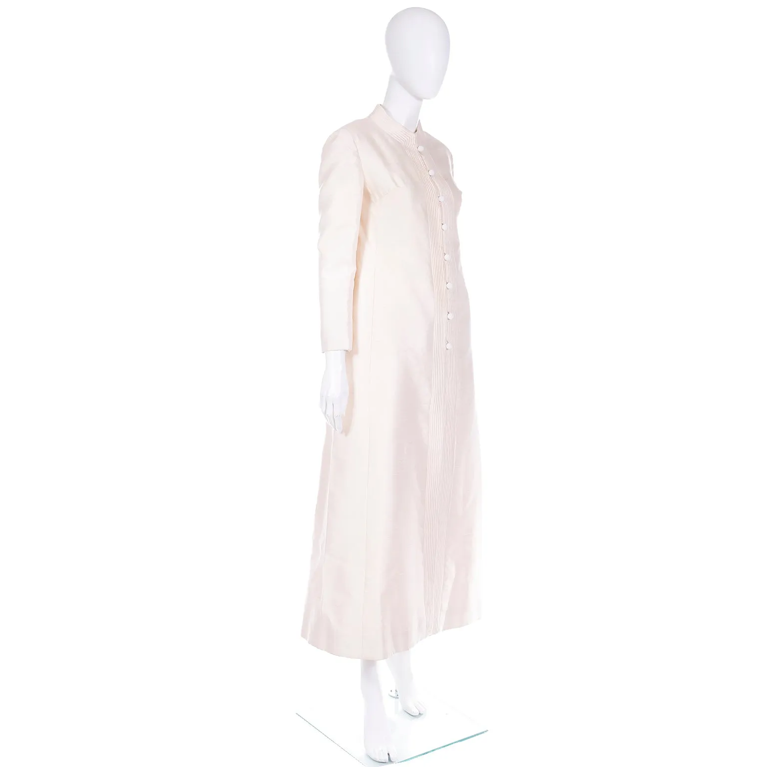 1960s Dynasty ivory Silk Evening Maxi Coat with Beaded Buttons