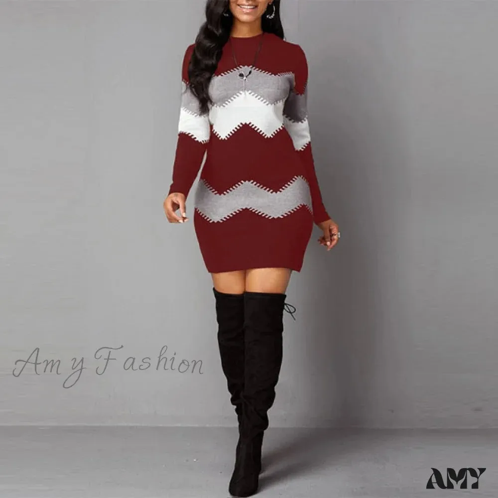 Amy Fashion - Women Autumn Elegant O-Neck Wave Striped Mini Dress