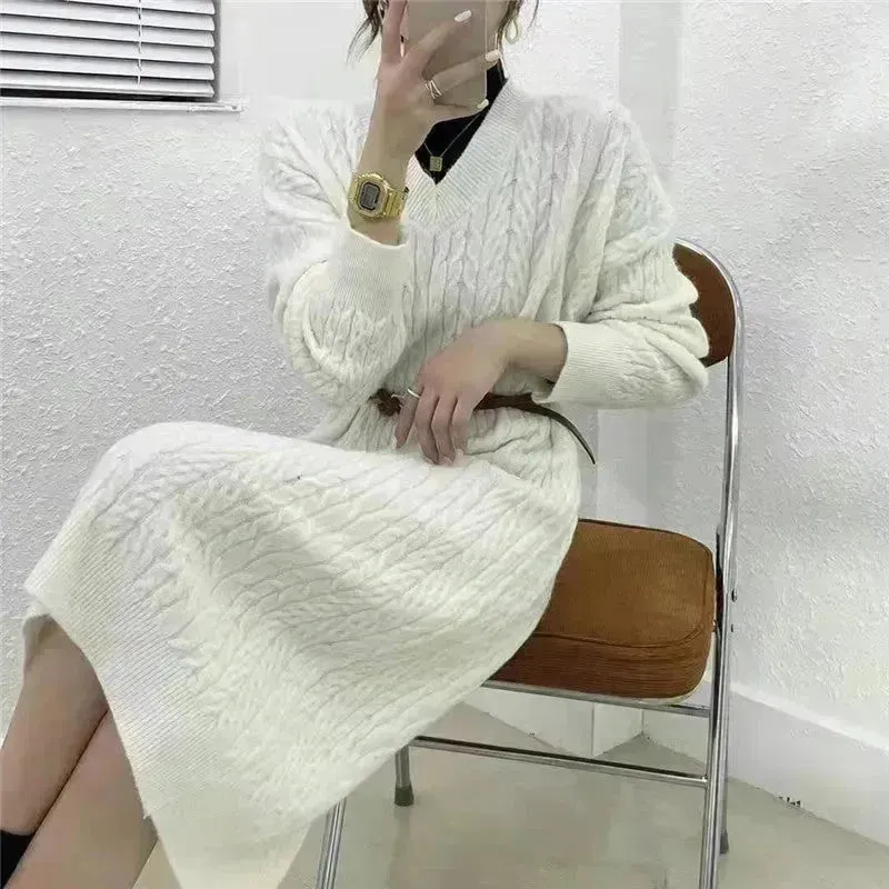 Autumn Winter Knitted V-neck Long Sweater Dress