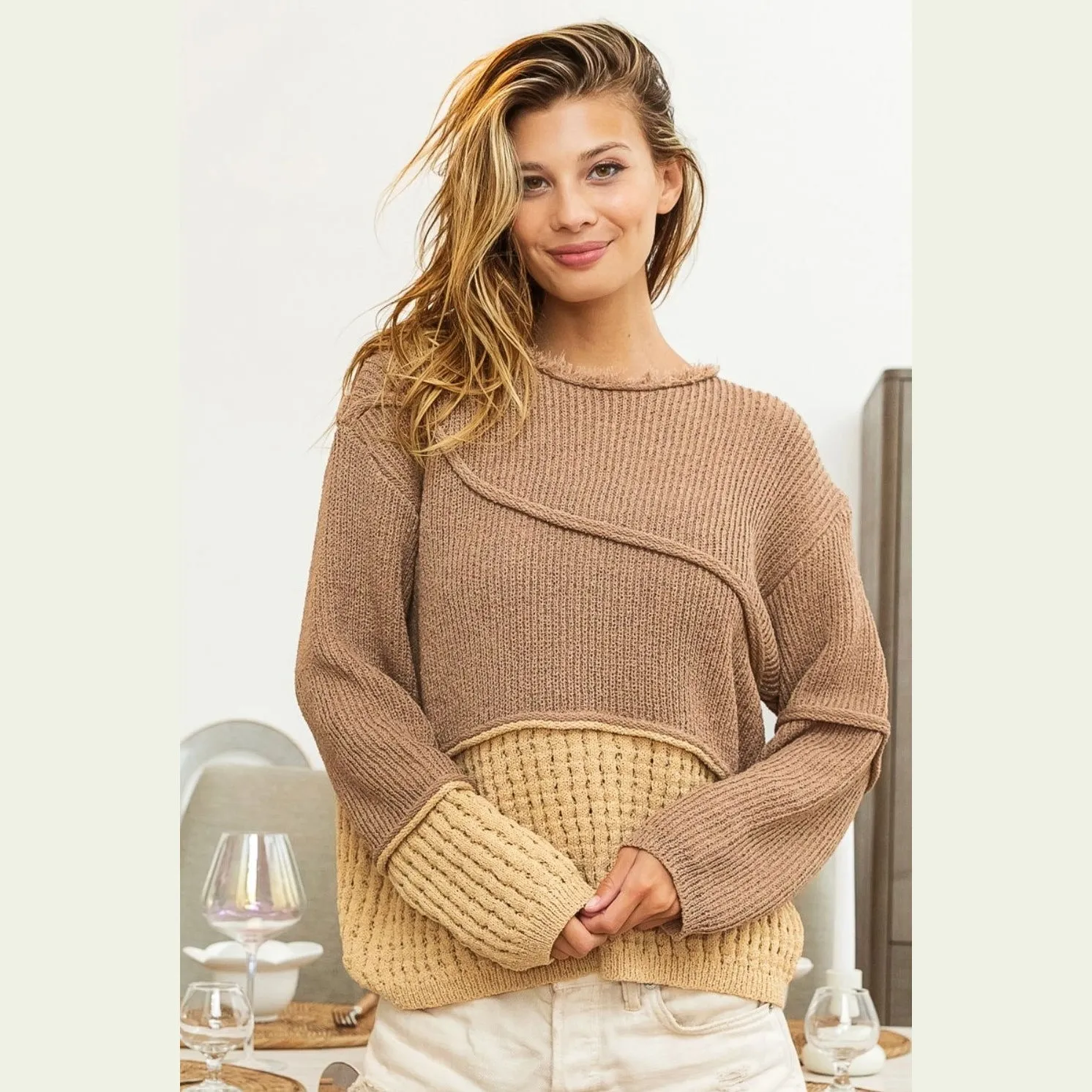 BiBi Texture Detail Contrast Drop Shoulder Sweater