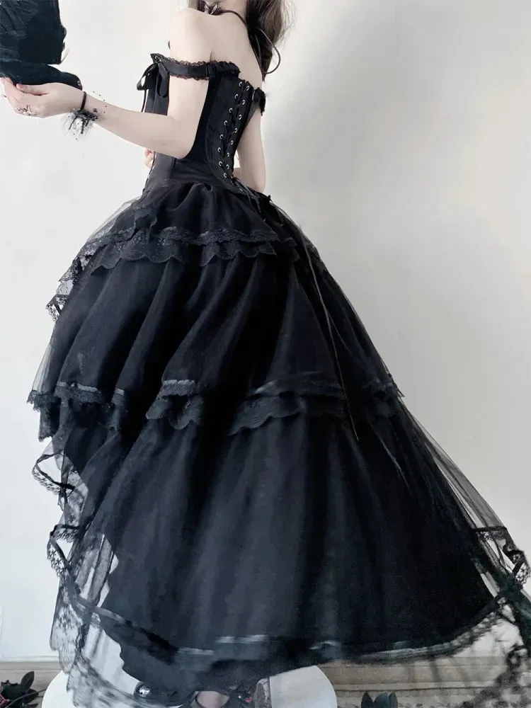 Black Lace-up Details Boned Corset Top   High-low Layered Lolita Skirt
