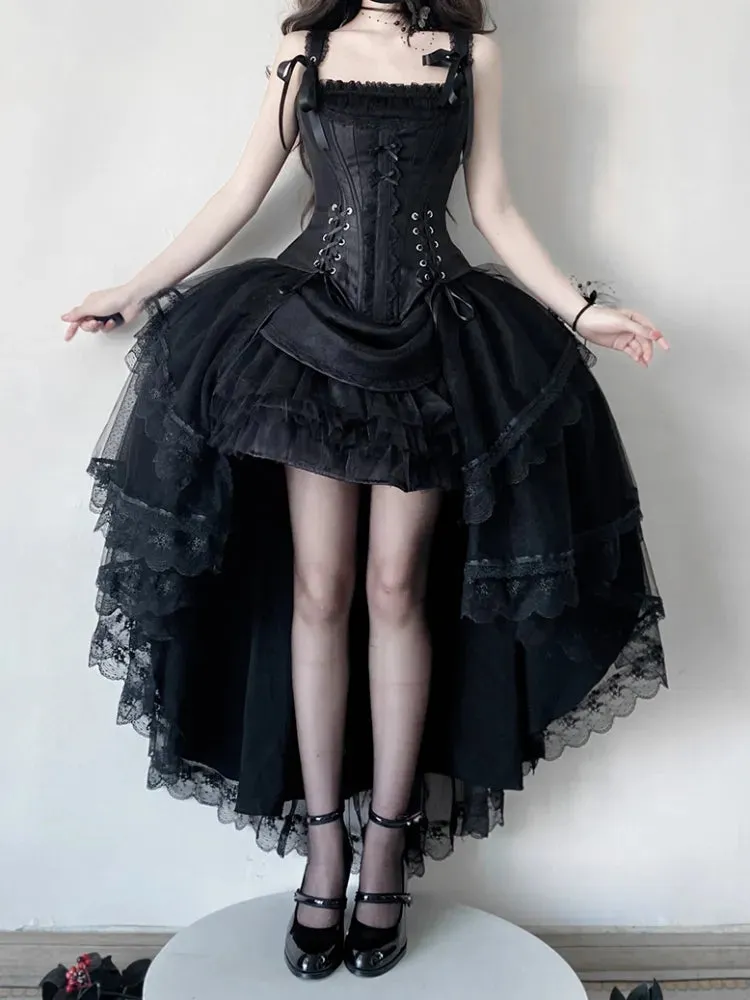Black Lace-up Details Boned Corset Top   High-low Layered Lolita Skirt