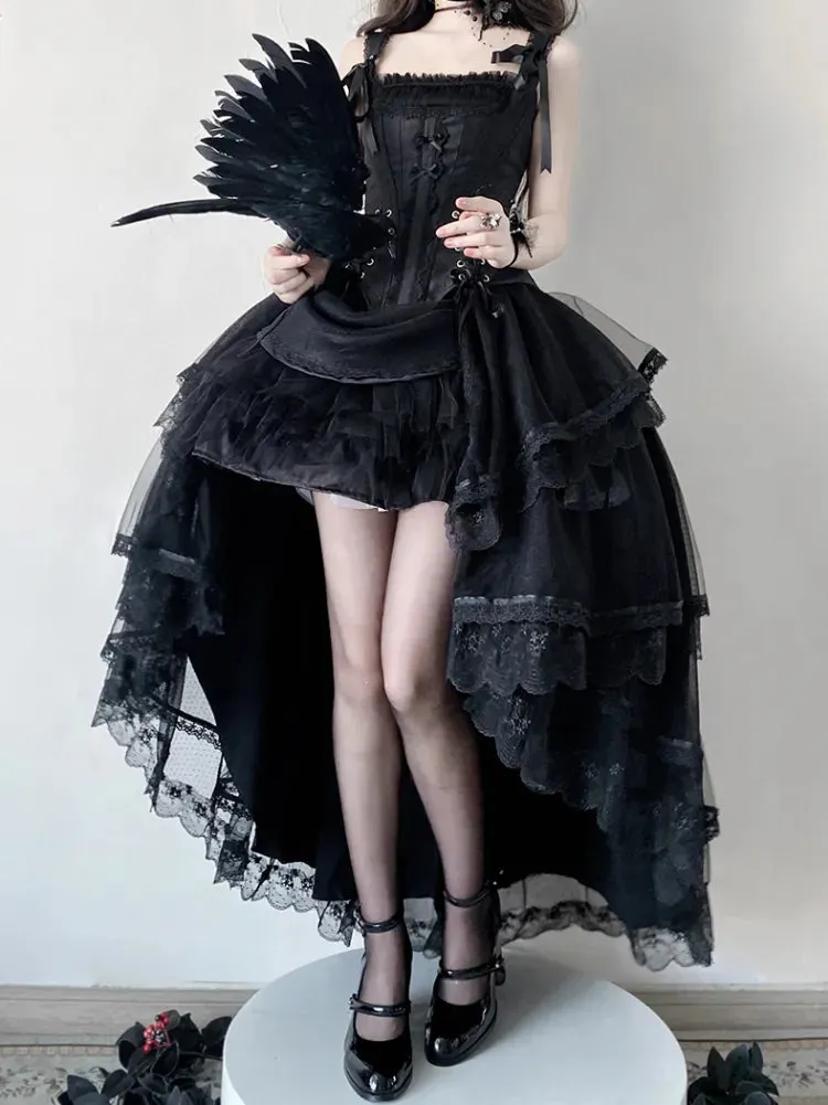 Black Lace-up Details Boned Corset Top   High-low Layered Lolita Skirt
