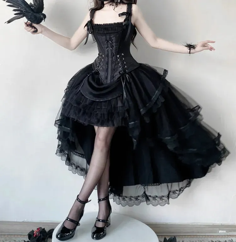 Black Lace-up Details Boned Corset Top   High-low Layered Lolita Skirt
