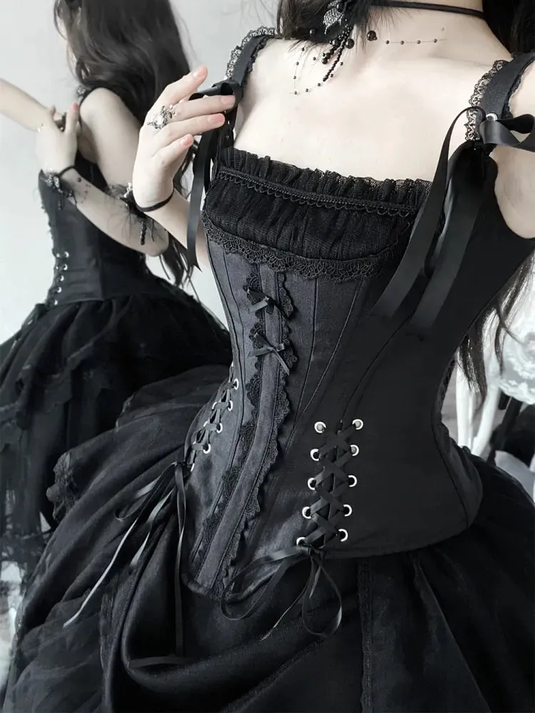 Black Lace-up Details Boned Corset Top   High-low Layered Lolita Skirt