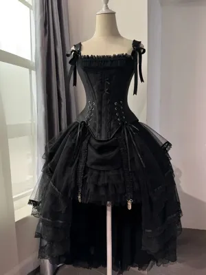 Black Lace-up Details Boned Corset Top   High-low Layered Lolita Skirt