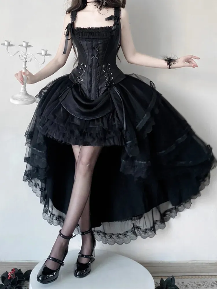 Black Lace-up Details Boned Corset Top   High-low Layered Lolita Skirt
