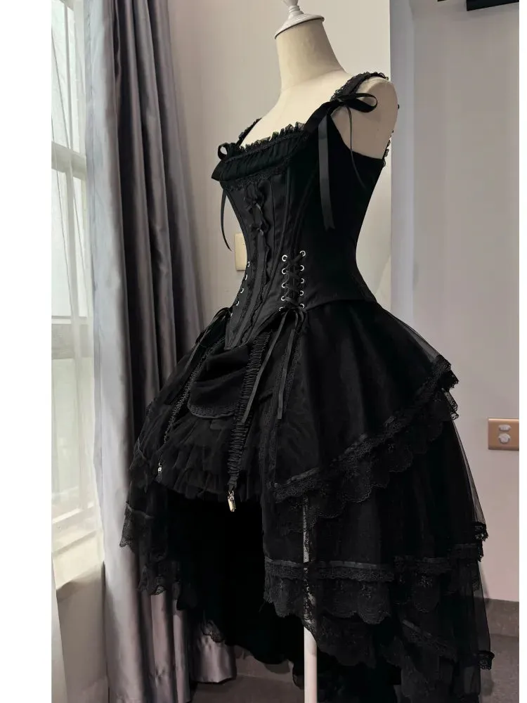 Black Lace-up Details Boned Corset Top   High-low Layered Lolita Skirt