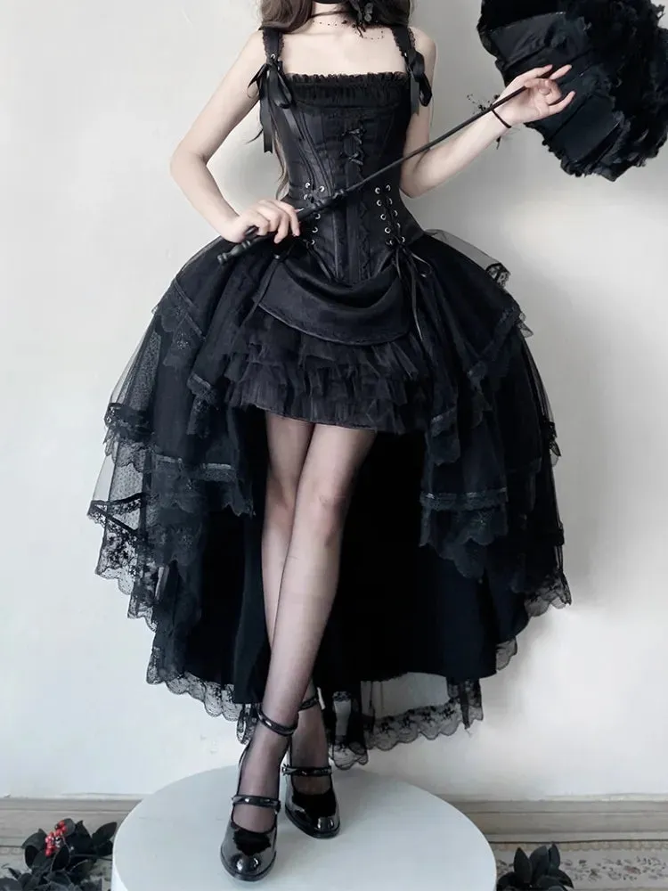 Black Lace-up Details Boned Corset Top   High-low Layered Lolita Skirt