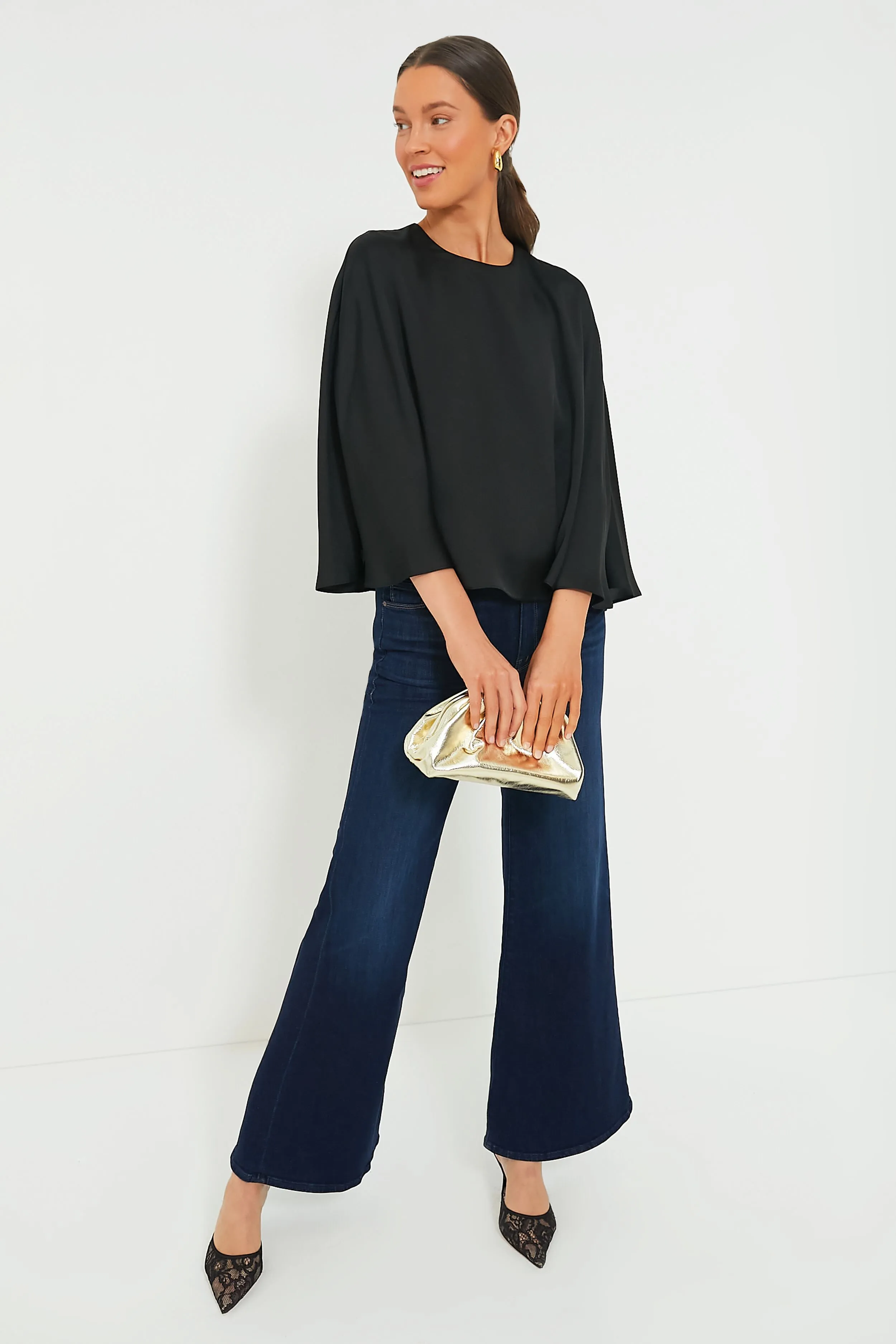 Black Satin Twill Selma Cape Blouse