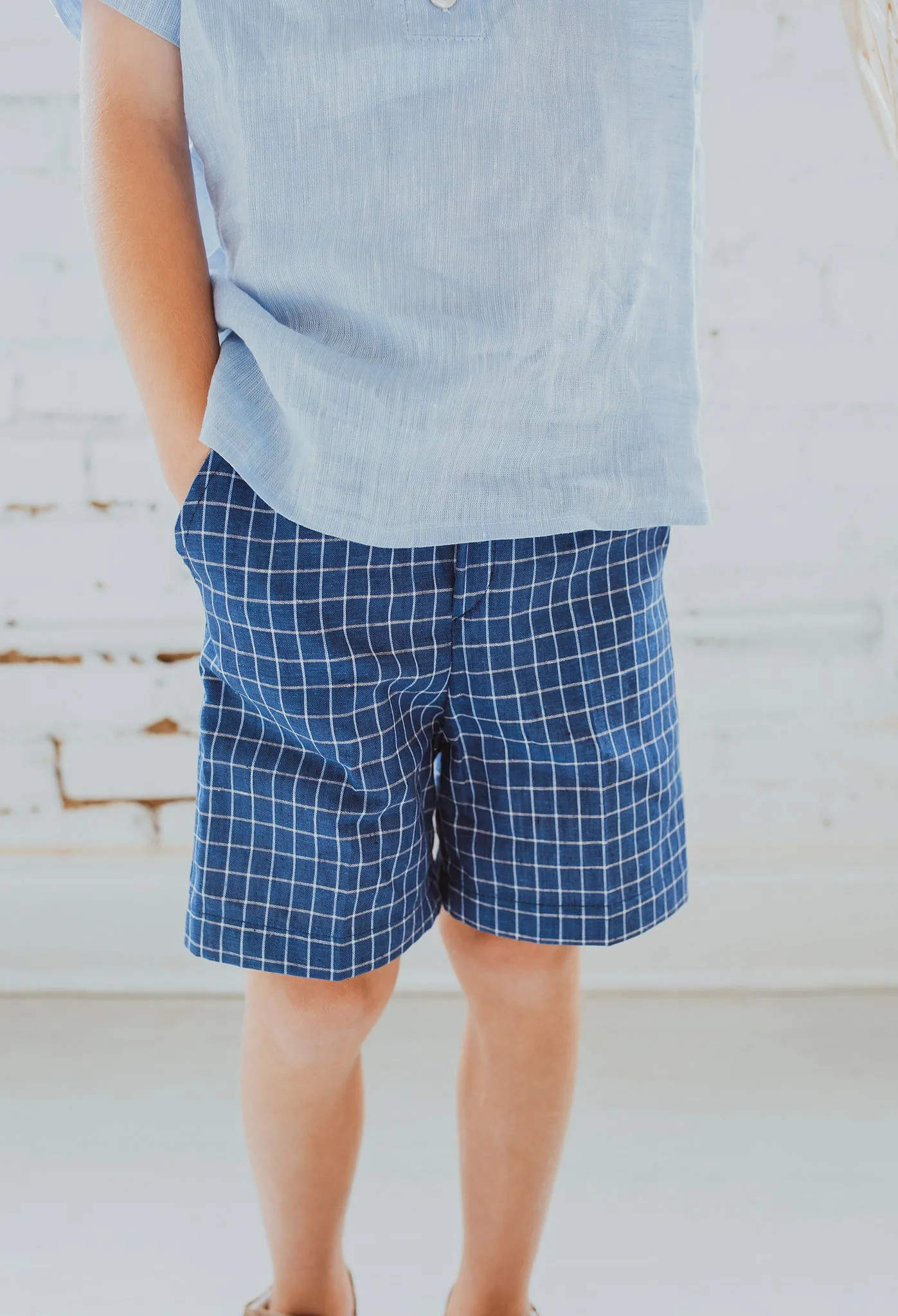 Blue Check Linen Shorts