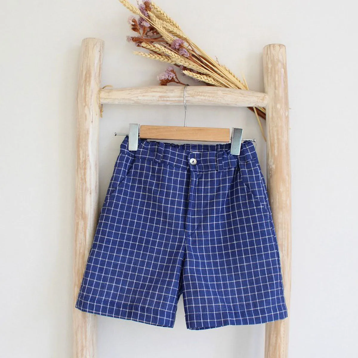 Blue Check Linen Shorts