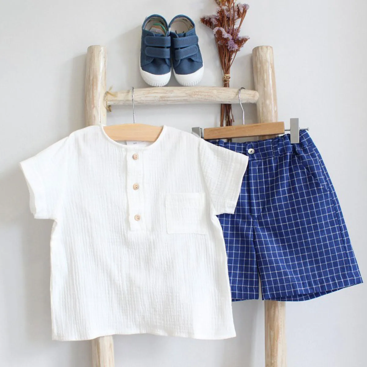 Blue Check Linen Shorts