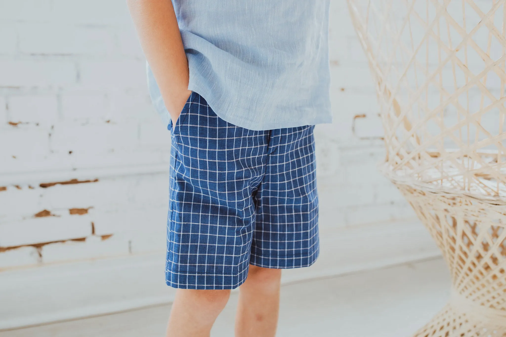 Blue Check Linen Shorts