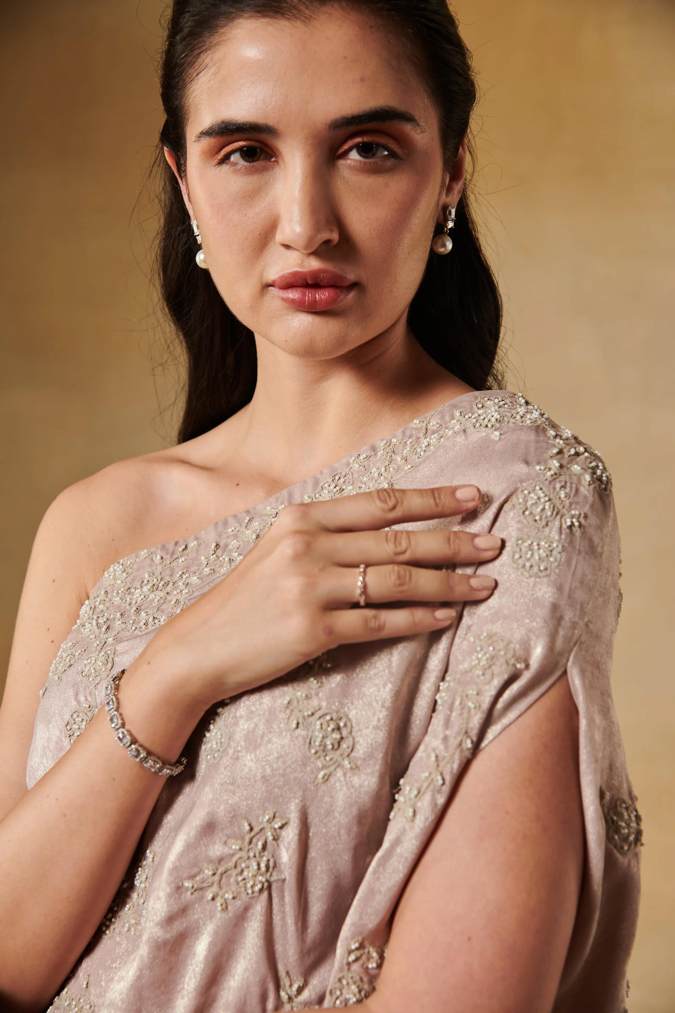 Blush drape skirt & bustier with one shoulder cape