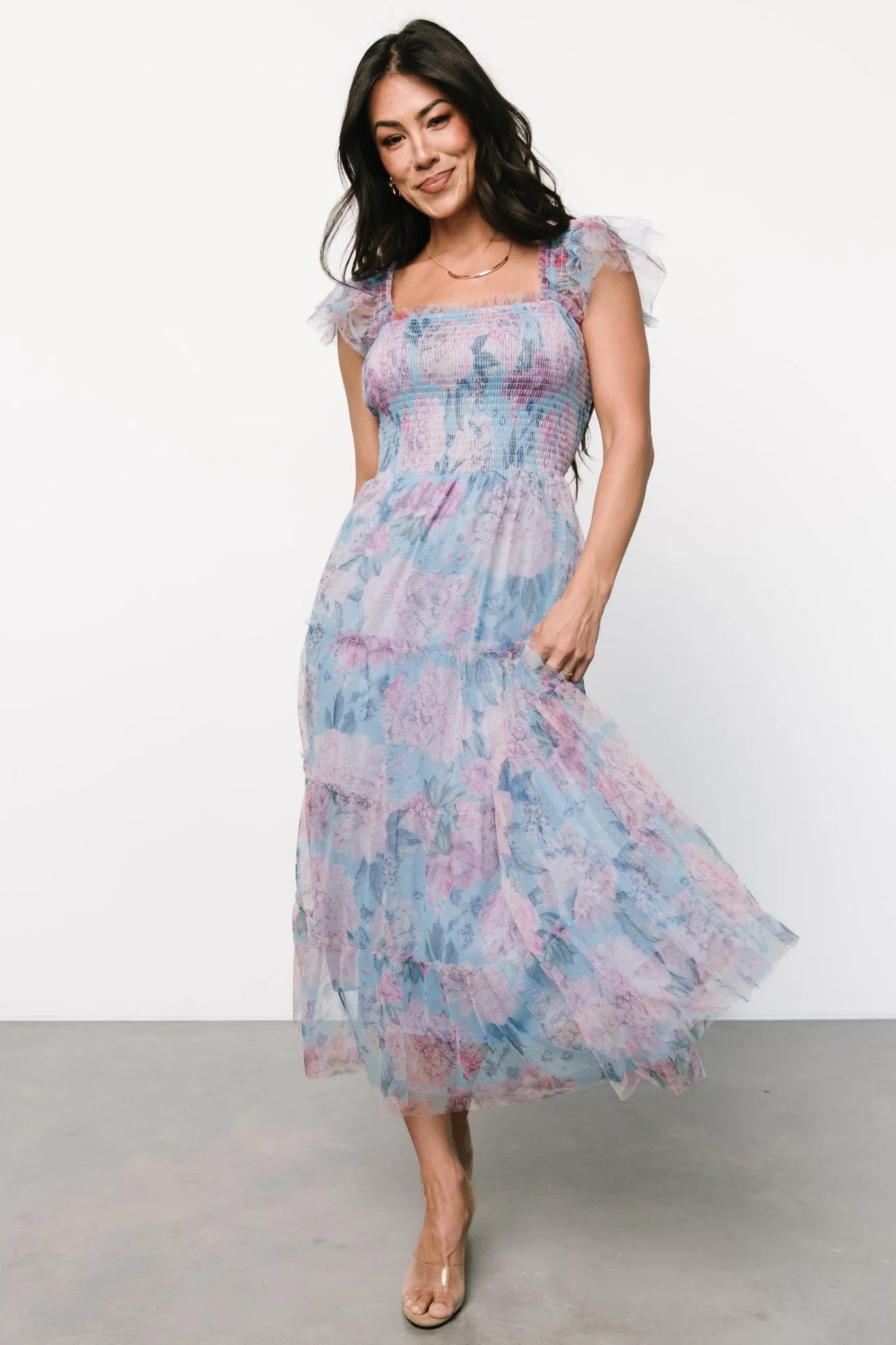 Clementine Tulle Midi Dress | Light Blue   Pink