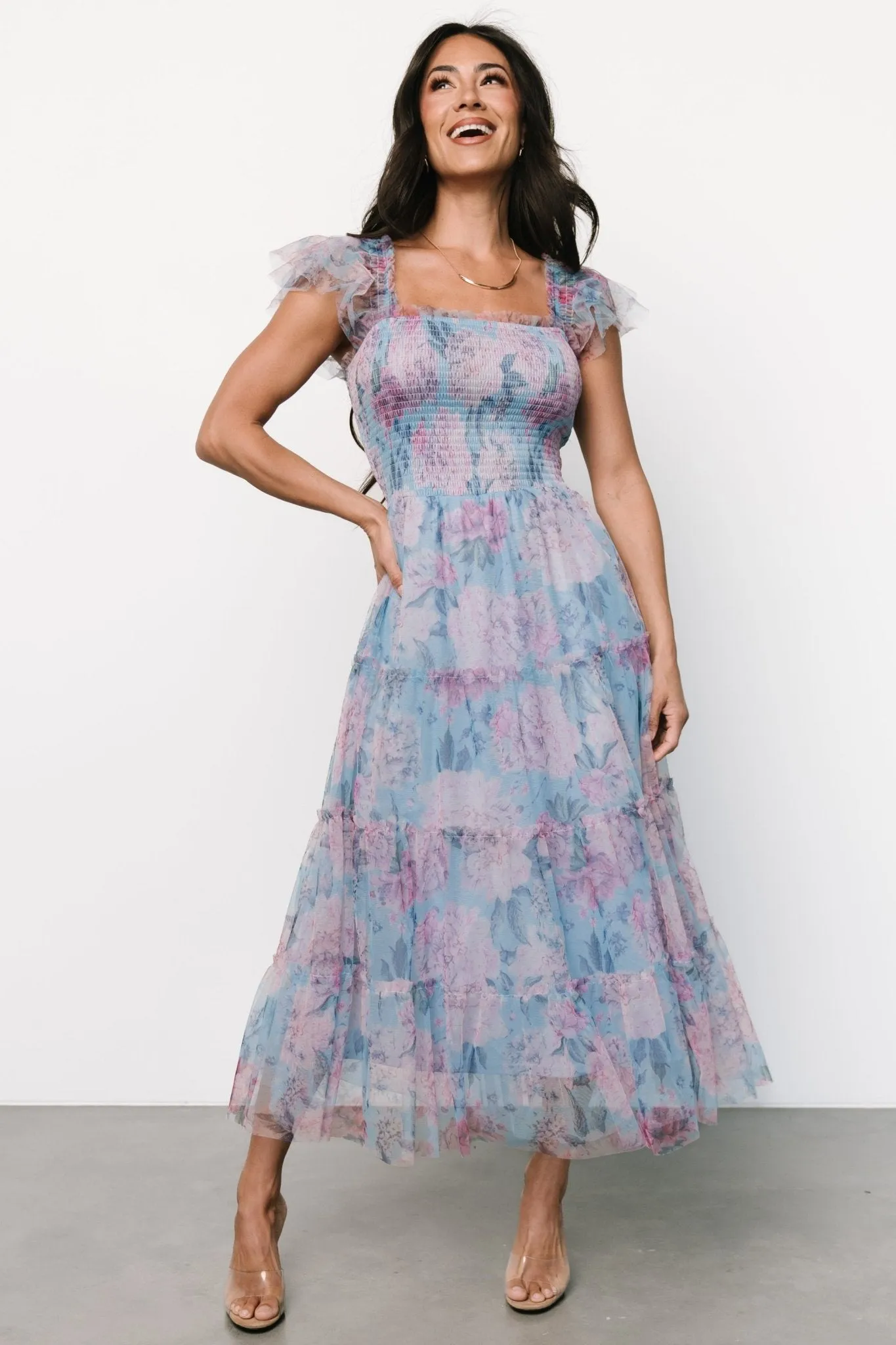 Clementine Tulle Midi Dress | Light Blue   Pink