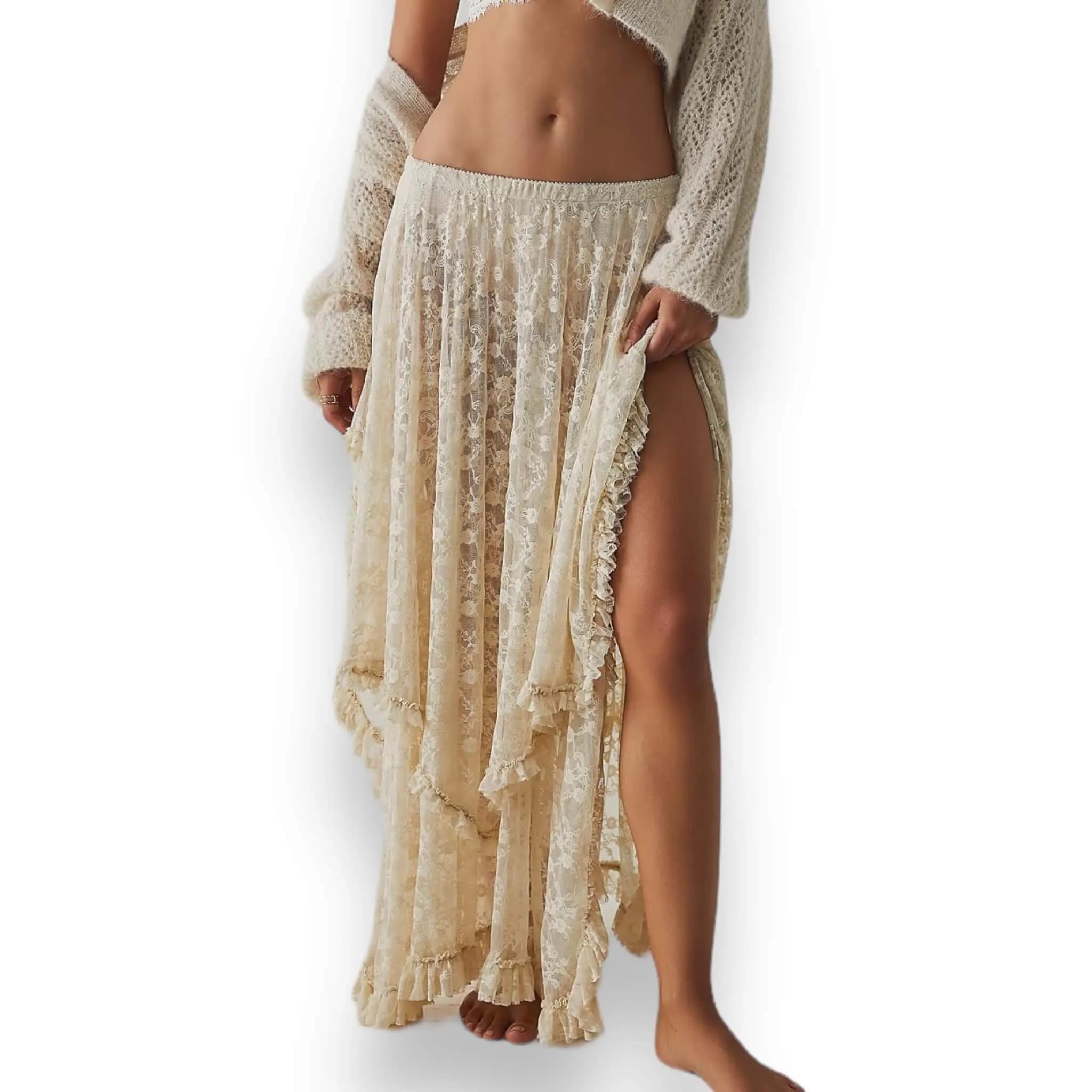 Country Ruffle Lace Midi Skirt