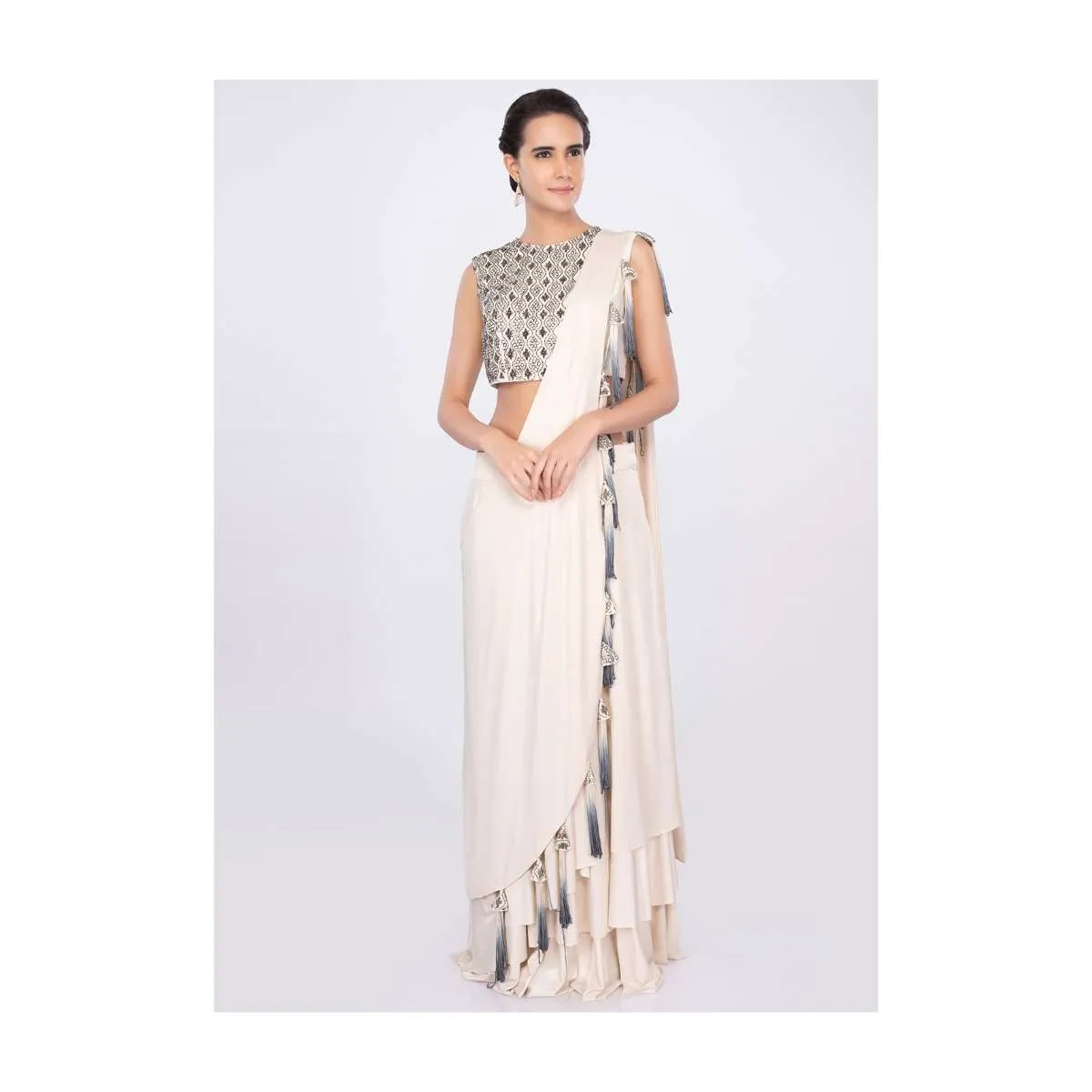 Cream Skirt In Shimmer Lycra With Matching Blouse And Prestitched Dupatta Online - Kalki Fashion