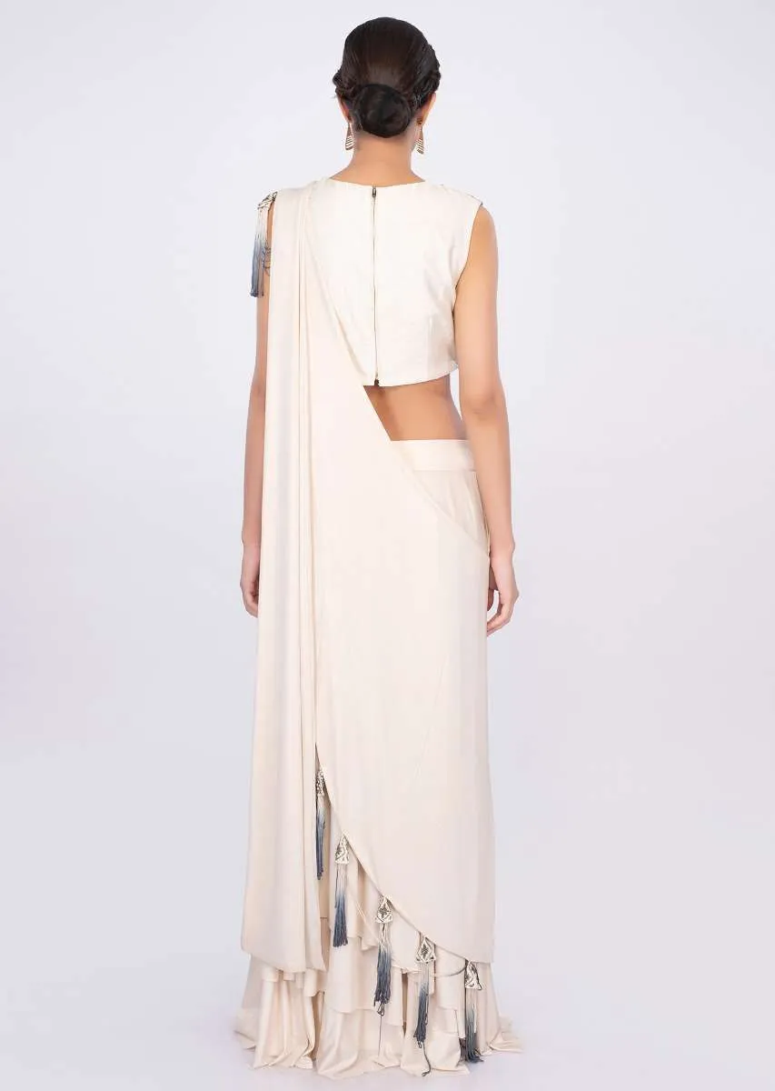 Cream Skirt In Shimmer Lycra With Matching Blouse And Prestitched Dupatta Online - Kalki Fashion