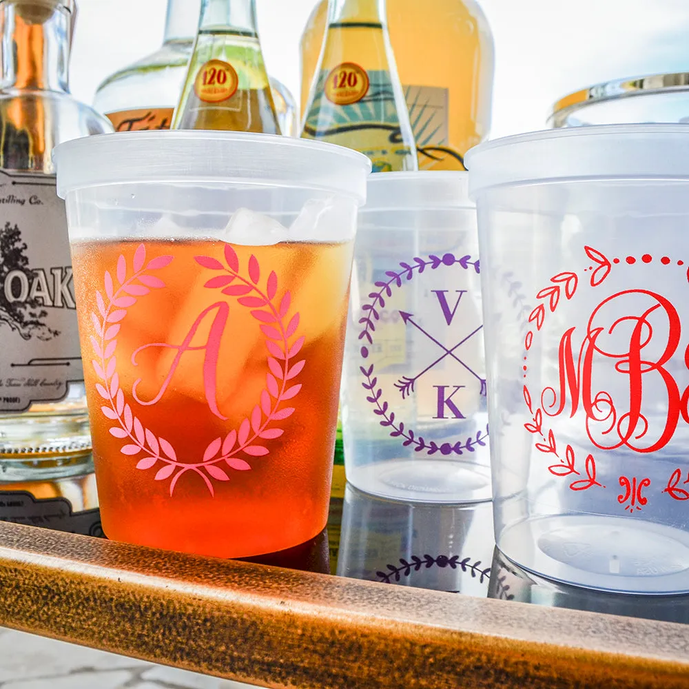 Custom Monogram with Wreath Plastic Stadium Cups