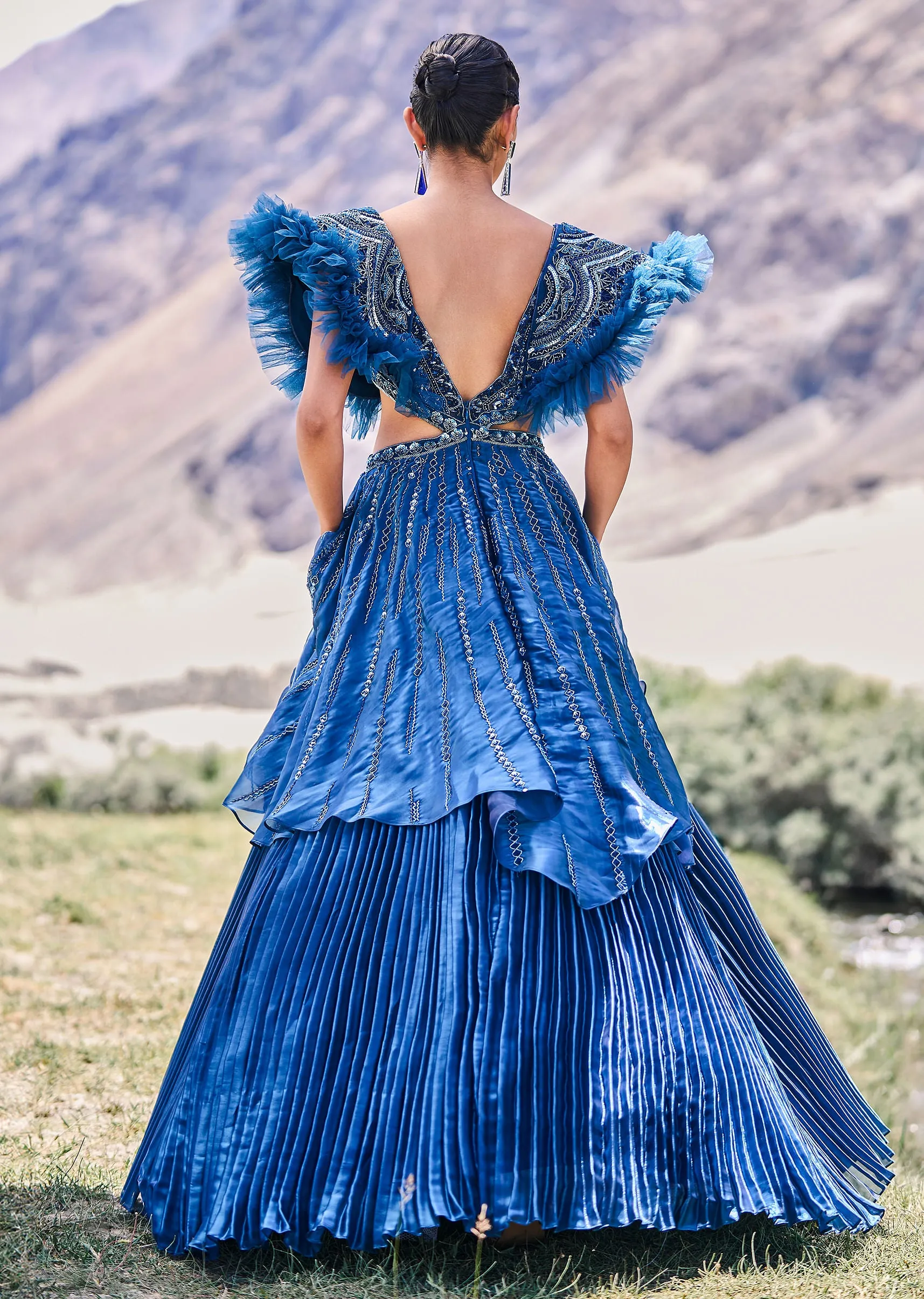 Deep Teal Blue Embroidered Layered Flared Gown With Fancy Sleeves