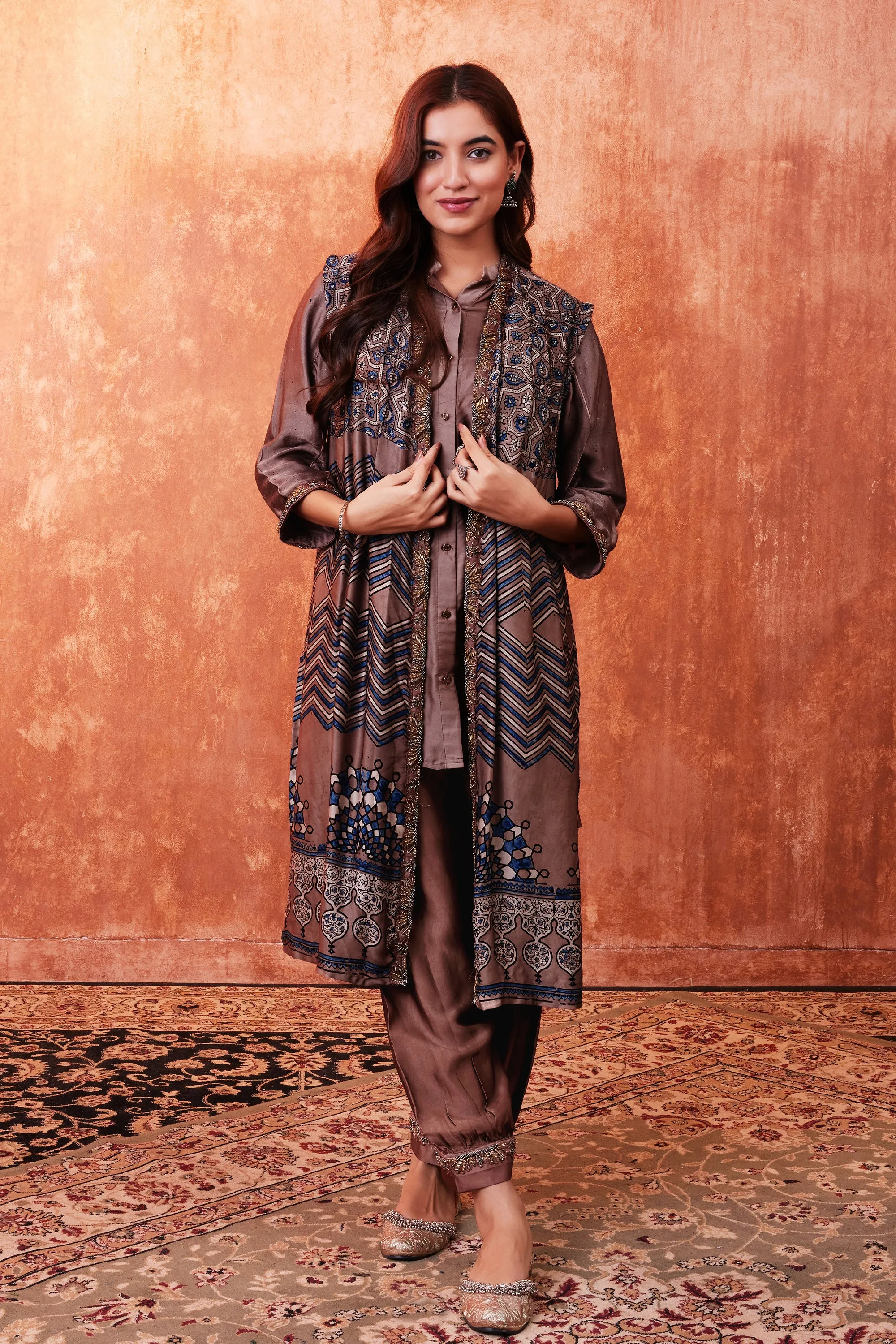Dusty Rose Pink Ajrakh Printed Habutai Silk Cape Co-Ord Set