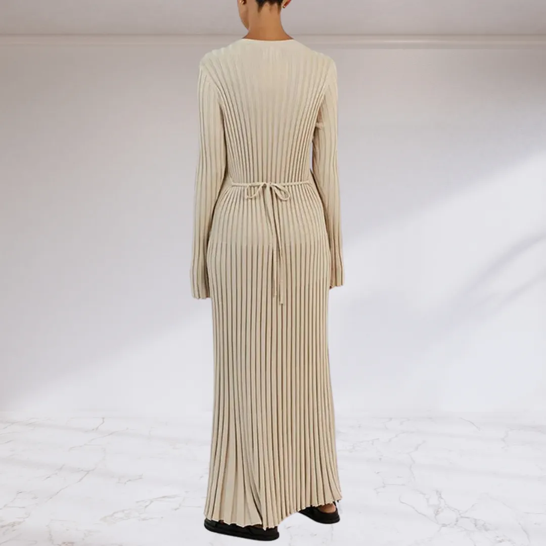 Elegant Tie Waist Ribbed Knitted Maxi Dress