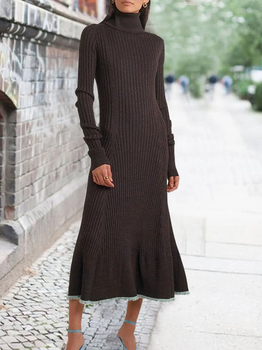 Fashion Solid Color Hem Lace Trim Knitted Dress