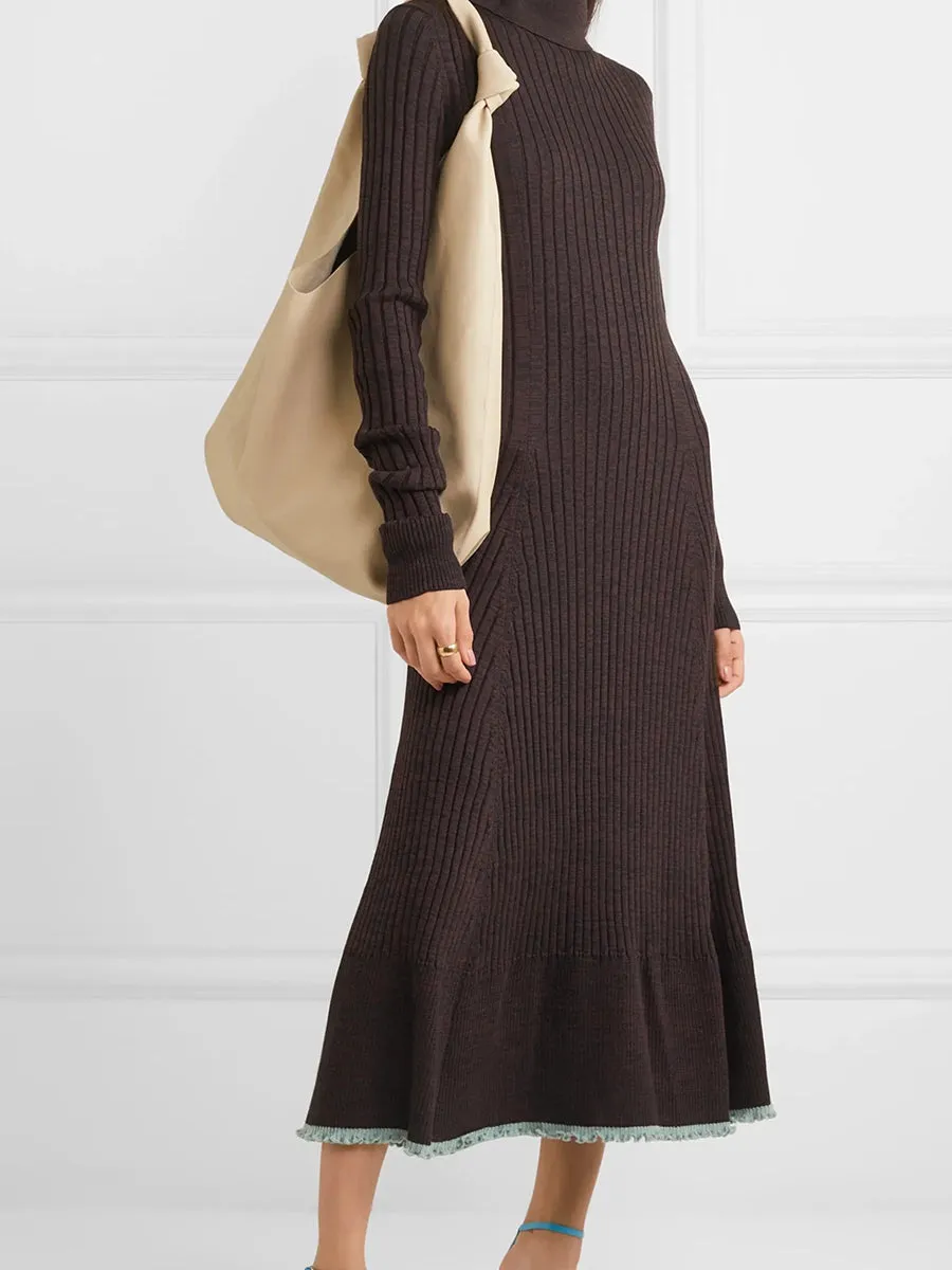 Fashion Solid Color Hem Lace Trim Knitted Dress
