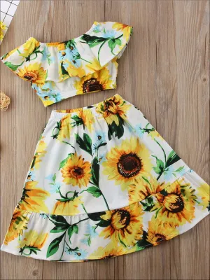 Girls Sunflower Print  Ruffled Off Shoulder Crop Top And Maxi Skirt