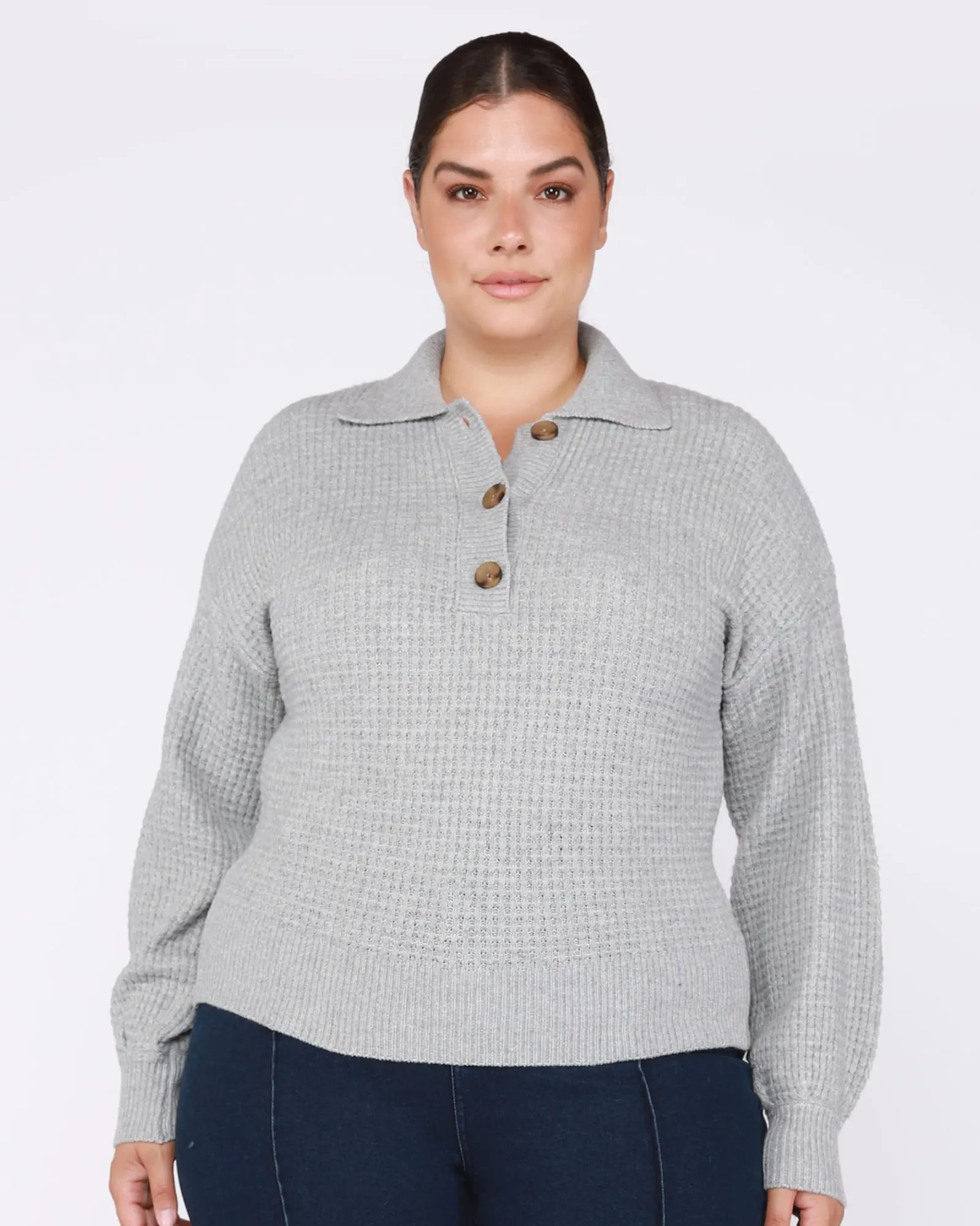 Harper Polo Front Sweater | Light Heather Grey