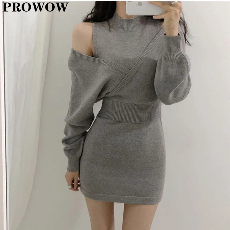 Joskaa hoco dresses Christmas Gift Two Piece Knitted Sweater Dress Women Autumn Winter Sexy Off Shoulder Bodycon Mini Dress Woman Vintage Korean Pullover Vestidos