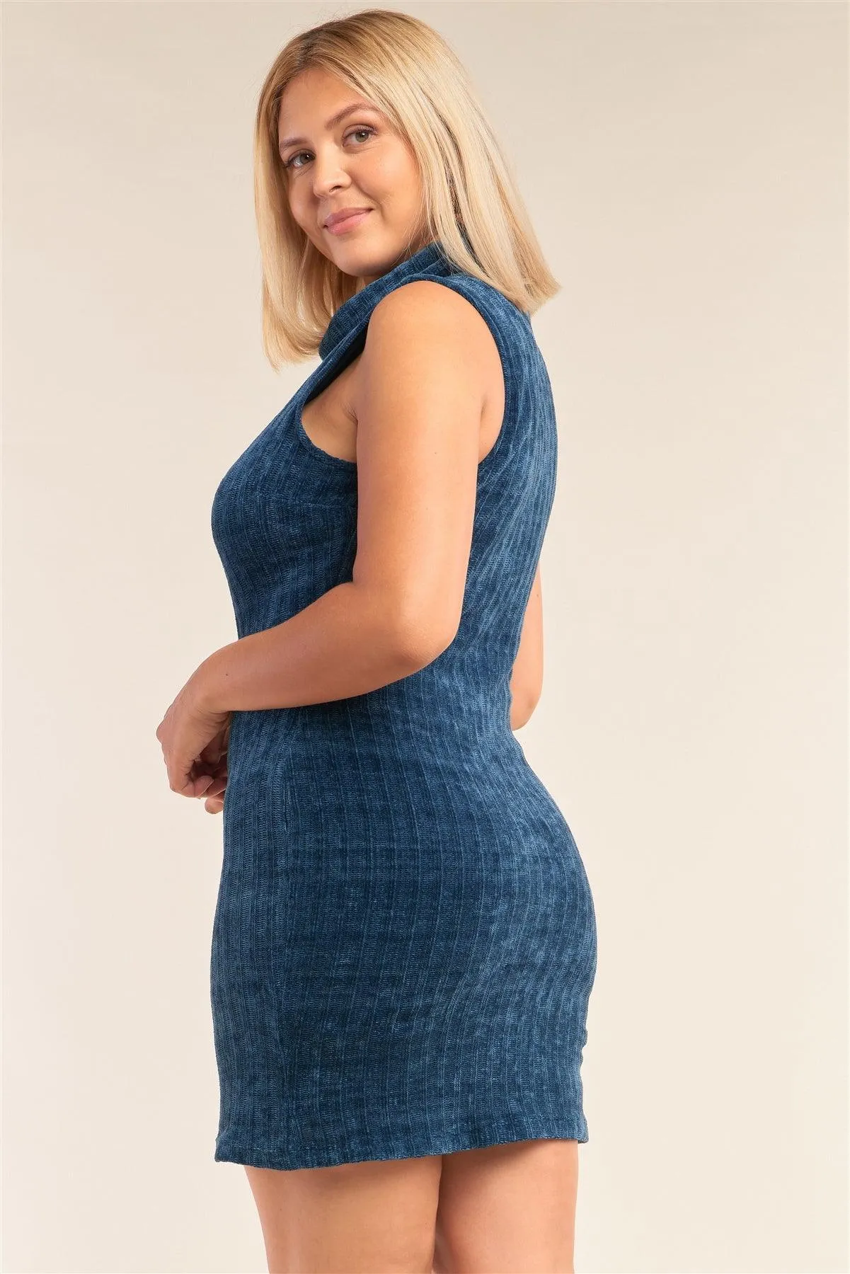 Junior Plus Size Teal Sleeveless Ribbed Knit Semi-Turtleneck Mini Dress /3-2-2