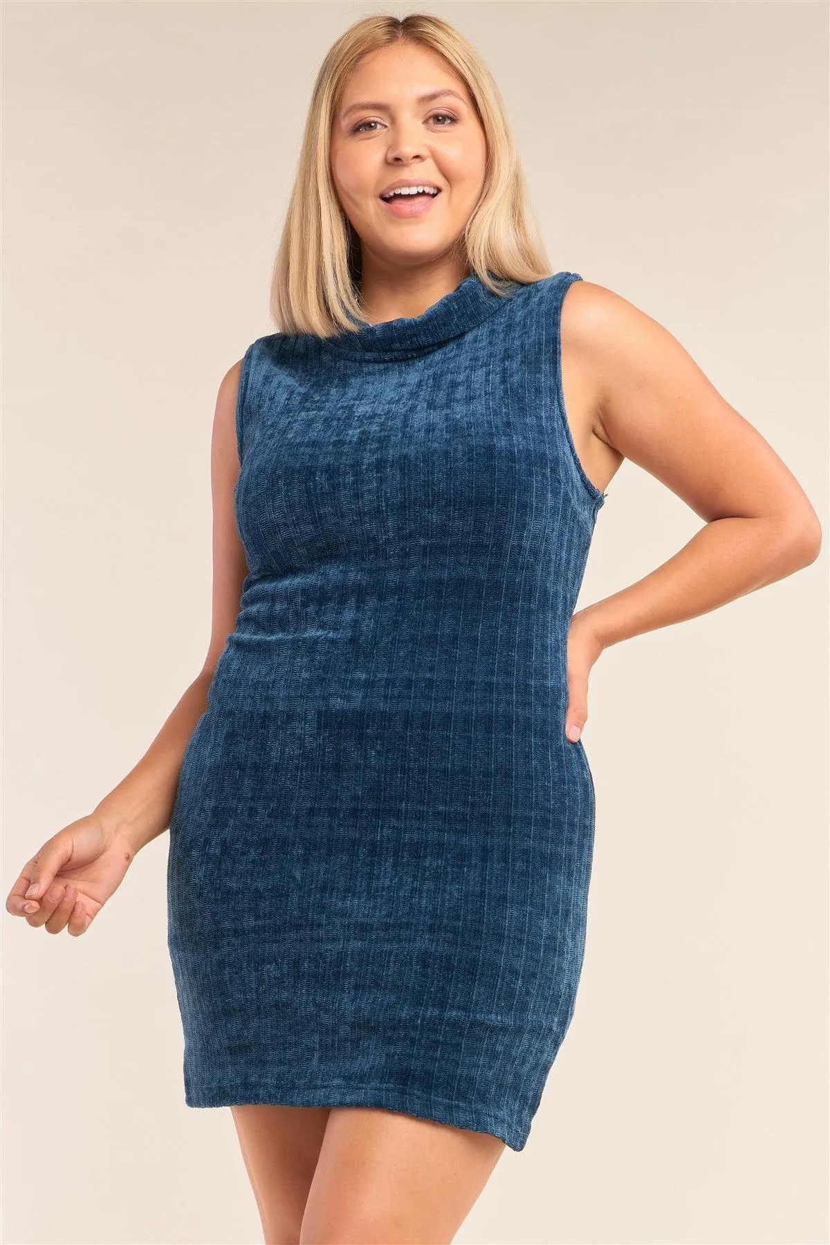 Junior Plus Size Teal Sleeveless Ribbed Knit Semi-Turtleneck Mini Dress /3-2-2