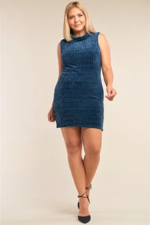 Junior Plus Size Teal Sleeveless Ribbed Knit Semi-Turtleneck Mini Dress /3-2-2