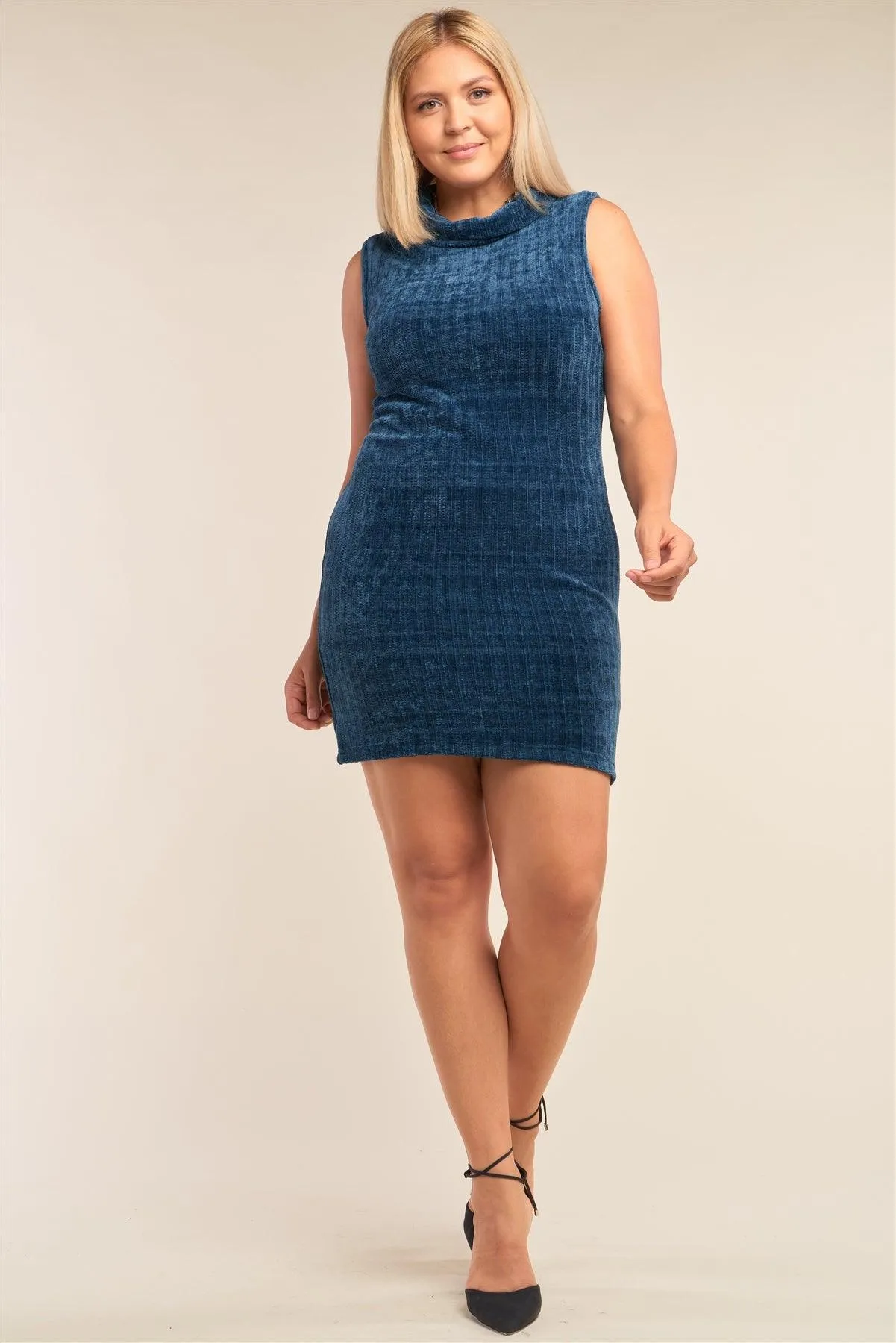 Junior Plus Size Teal Sleeveless Ribbed Knit Semi-Turtleneck Mini Dress /3-2-2