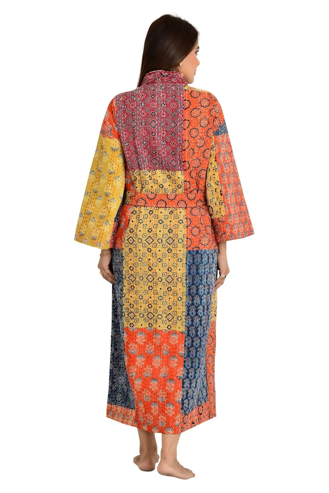 Kantha Stitch 100% Cotton Reversible Long Kimono Women Jacket | Handmade Stitch Robe | Unisex Gift | Red Orange Yellow Ajrakh Print