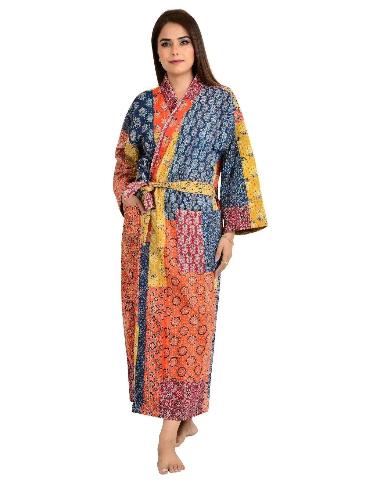 Kantha Stitch 100% Cotton Reversible Long Kimono Women Jacket | Handmade Stitch Robe | Unisex Gift | Red Orange Yellow Ajrakh Print