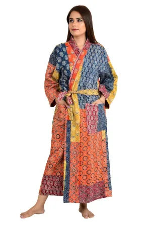 Kantha Stitch 100% Cotton Reversible Long Kimono Women Jacket | Handmade Stitch Robe | Unisex Gift | Red Orange Yellow Ajrakh Print