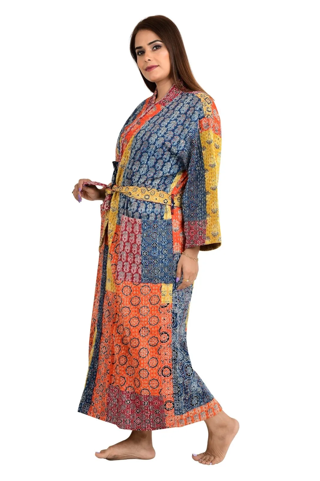 Kantha Stitch 100% Cotton Reversible Long Kimono Women Jacket | Handmade Stitch Robe | Unisex Gift | Red Orange Yellow Ajrakh Print