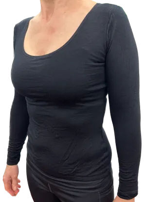 Merino Skins Womens Essential Skin Scoop Neck Long Sleeve Thermal Underwear - Black