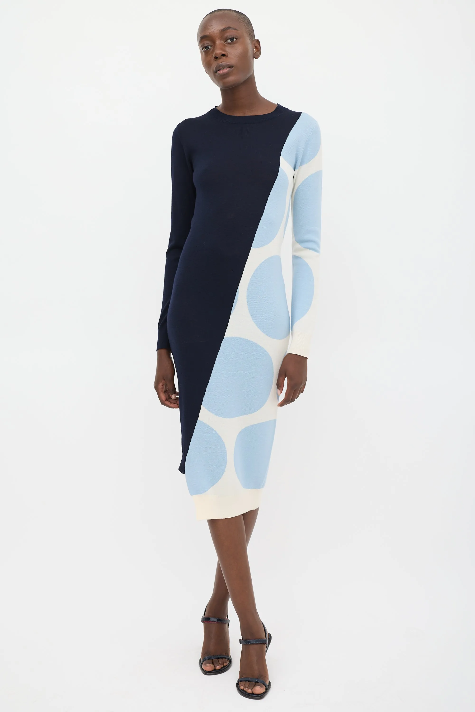 Navy & Light Blue Wool Asymmetrical Sweater Dress