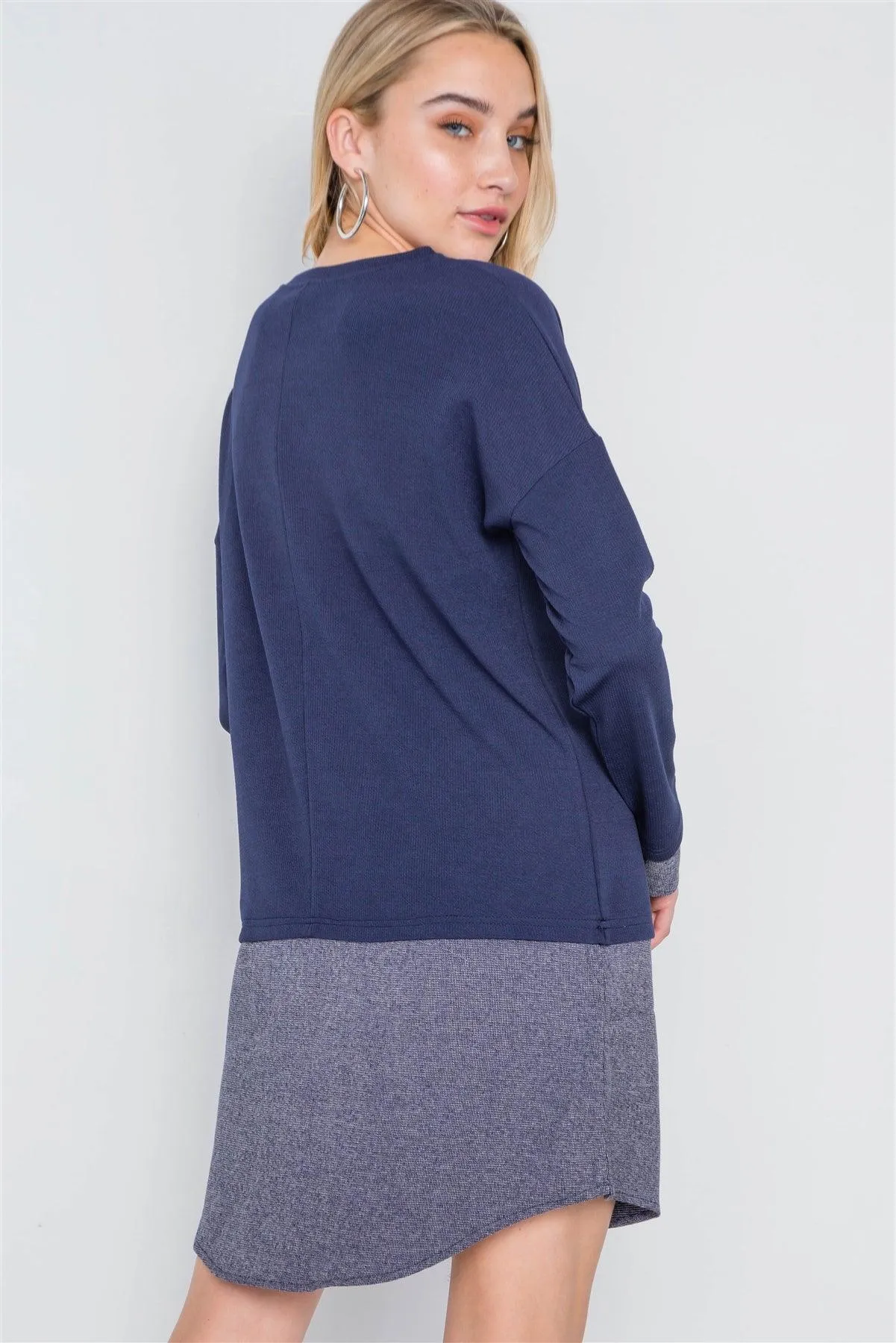 Navy Knit Combo Long Sleeve Sweater Dress /2-2-2