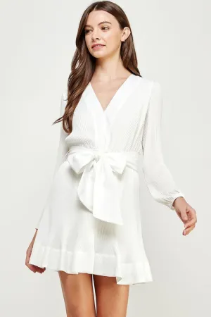 Off Wht Pleated Waist Tie Dress