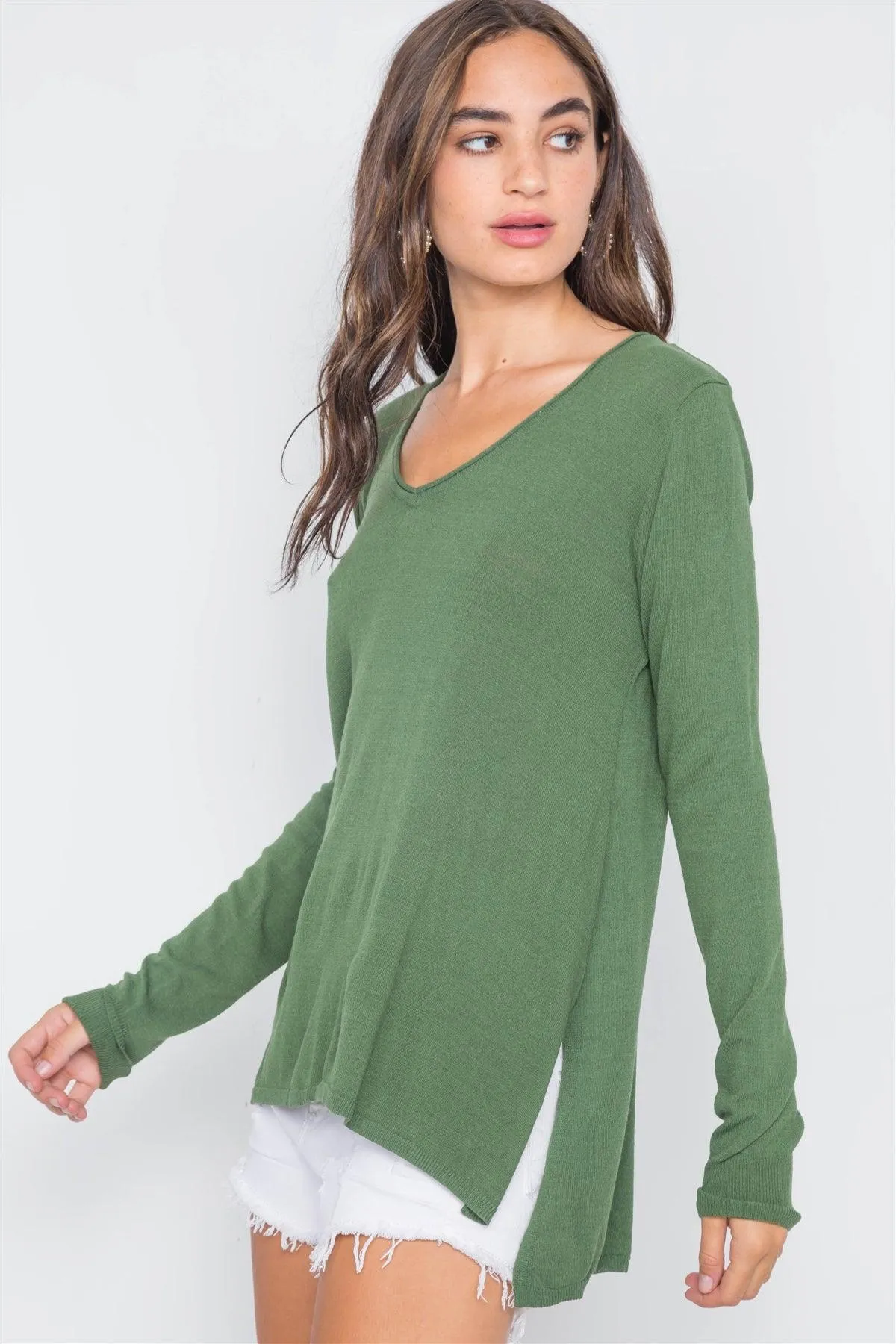 Olive Knit V-Neck Casual Solid Long Sleeve Sweater