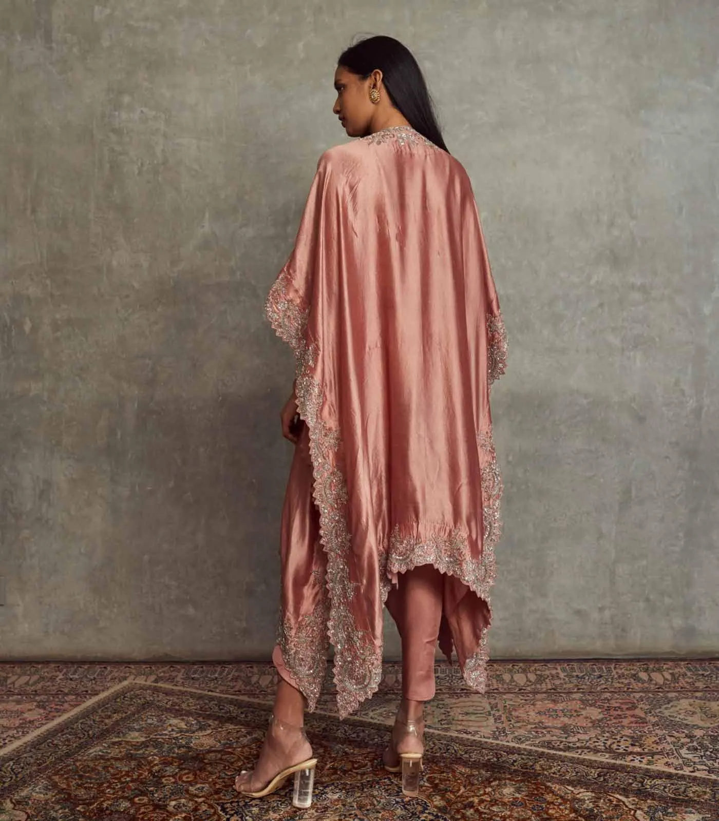 Peach Embroidered Cape Set