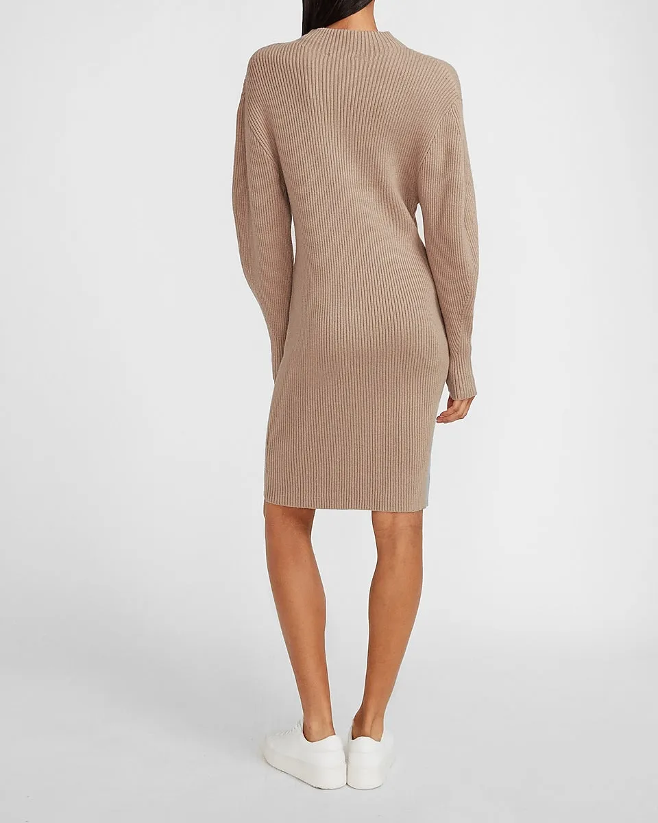Ribbed Mock Neck Balloon Sleeve Sweater Dress in Beige