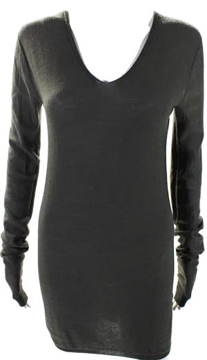Rick Owens Paris. Gray Wool Long Sleeve V Neck Mini Sweater Dress